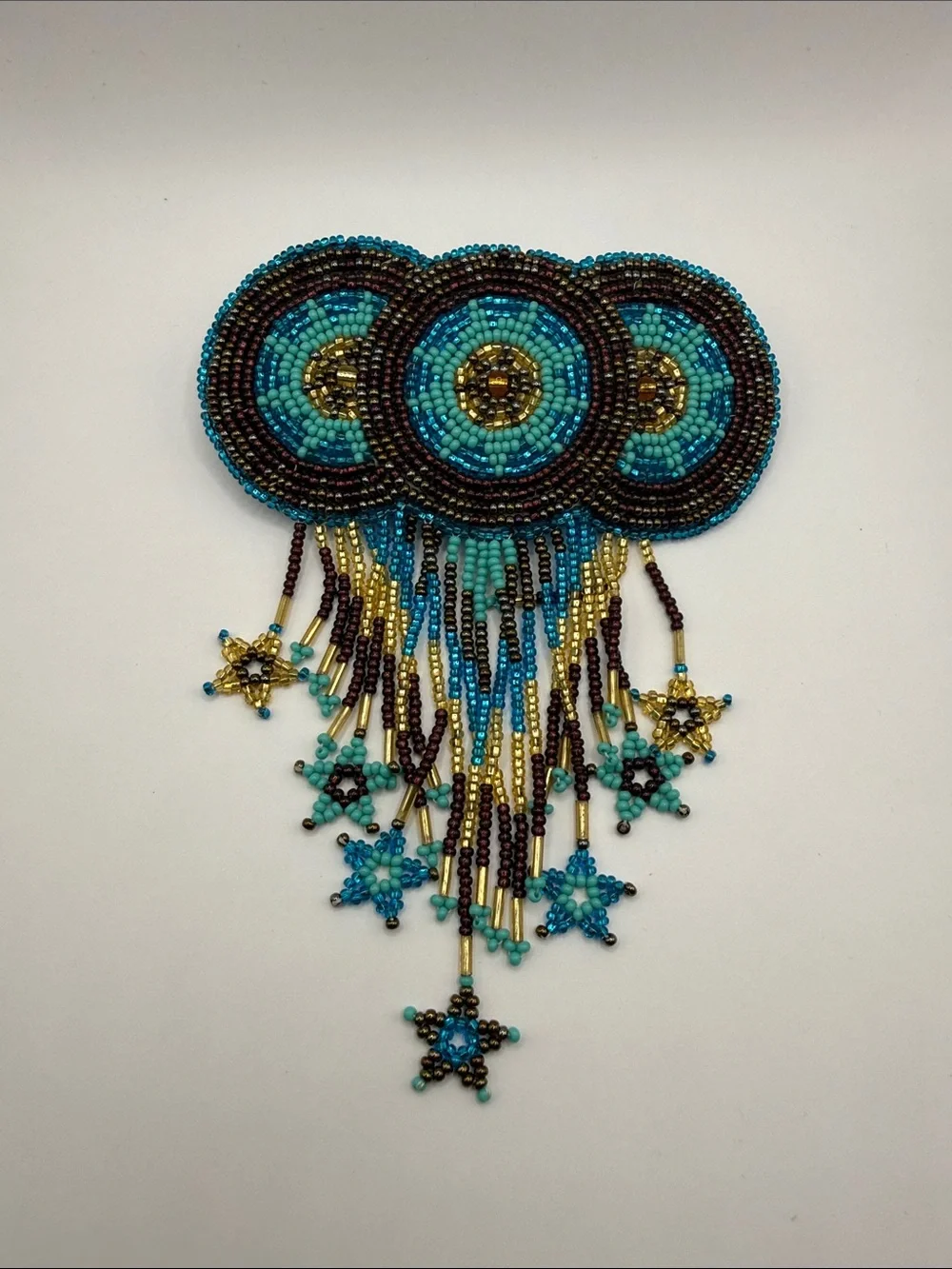 Vintage Native American Style Blue Brown Gold Seed Beaded Star Hair Barrette
